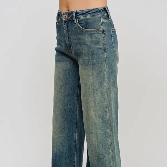 Classic Dark Denim Wide Leg Semi Straight Women's Jeans - Picture 3 of 6